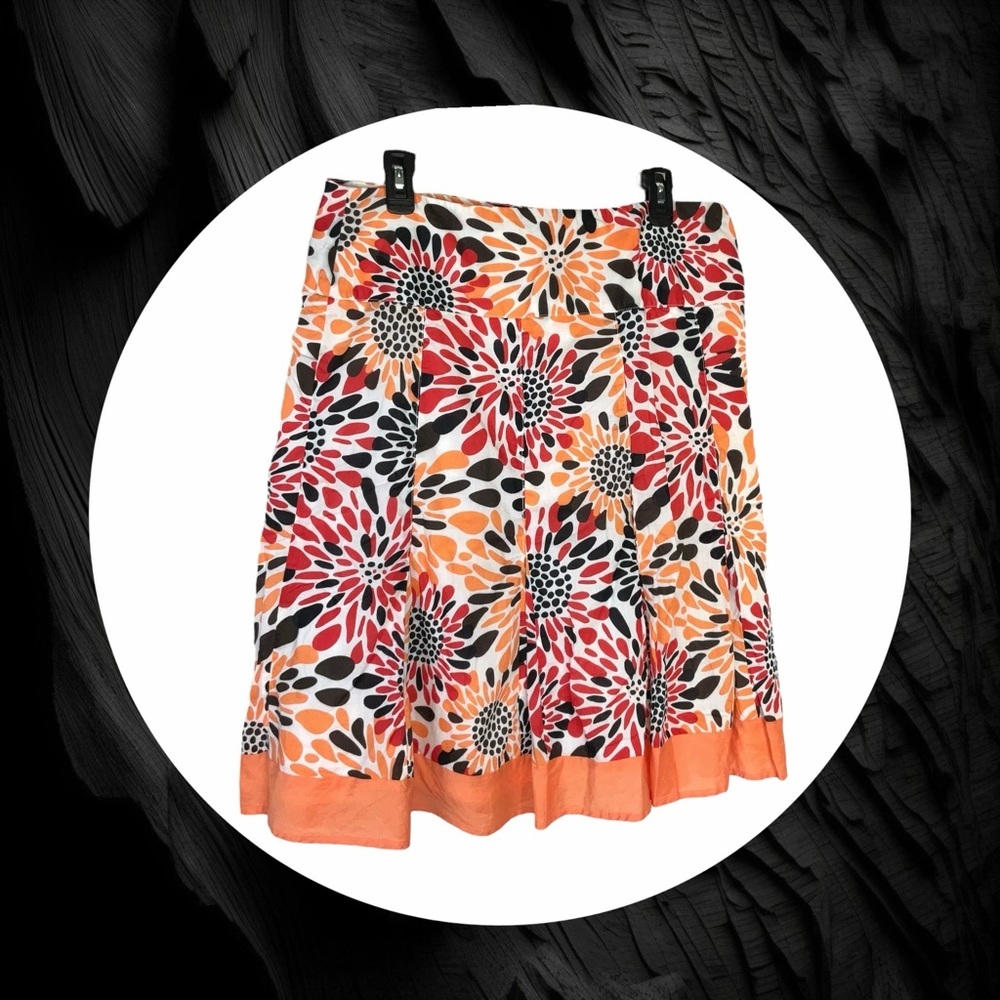 D.F.A. White w Peach, Black, Dark Coral Lined Skirt w Pleats/Ruffle Women Sz 14